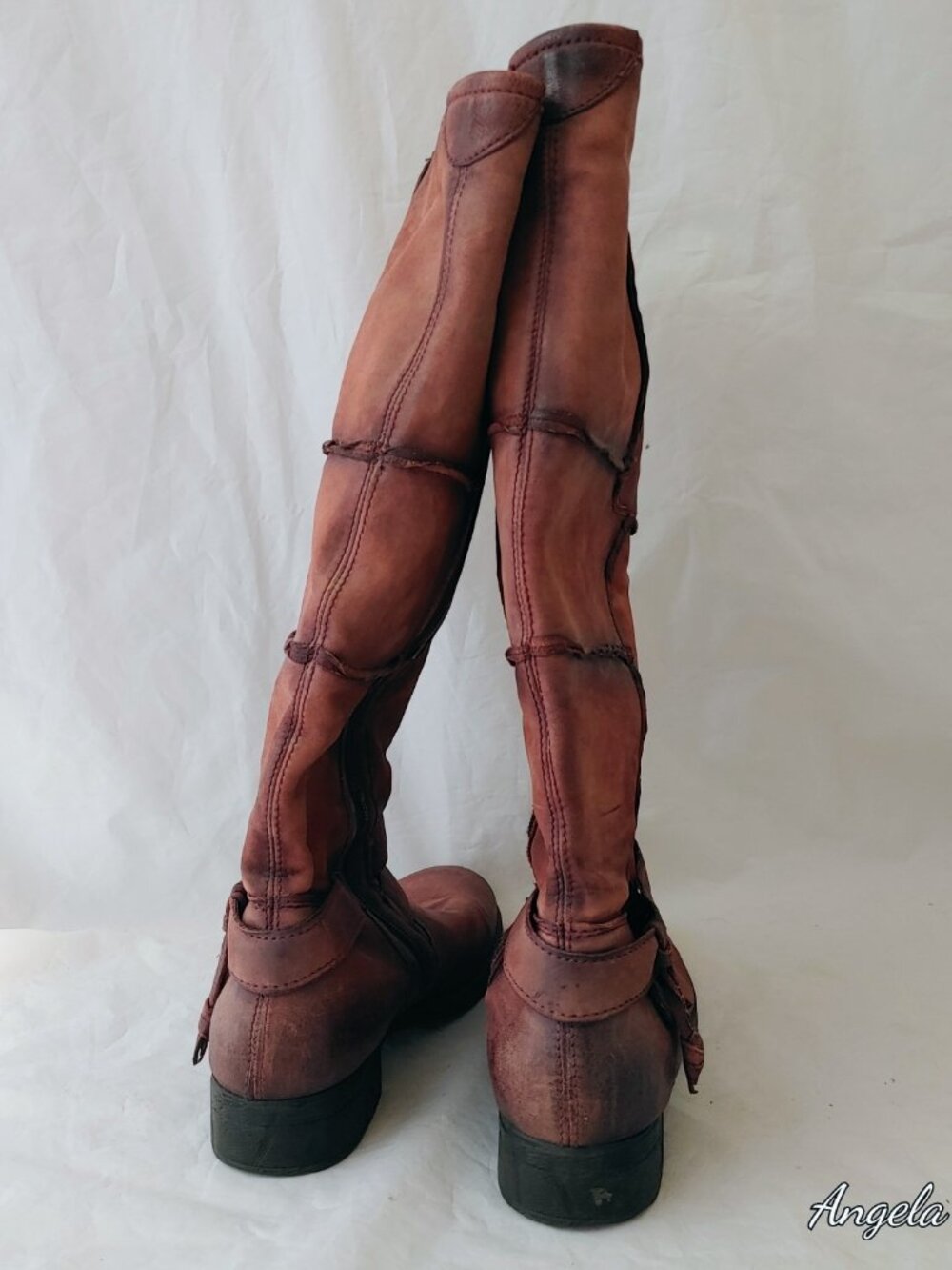 RARE NWOT Rust Red Genuine Leather Tall Patchwork Boots EU 40 - Picture 3 of 10